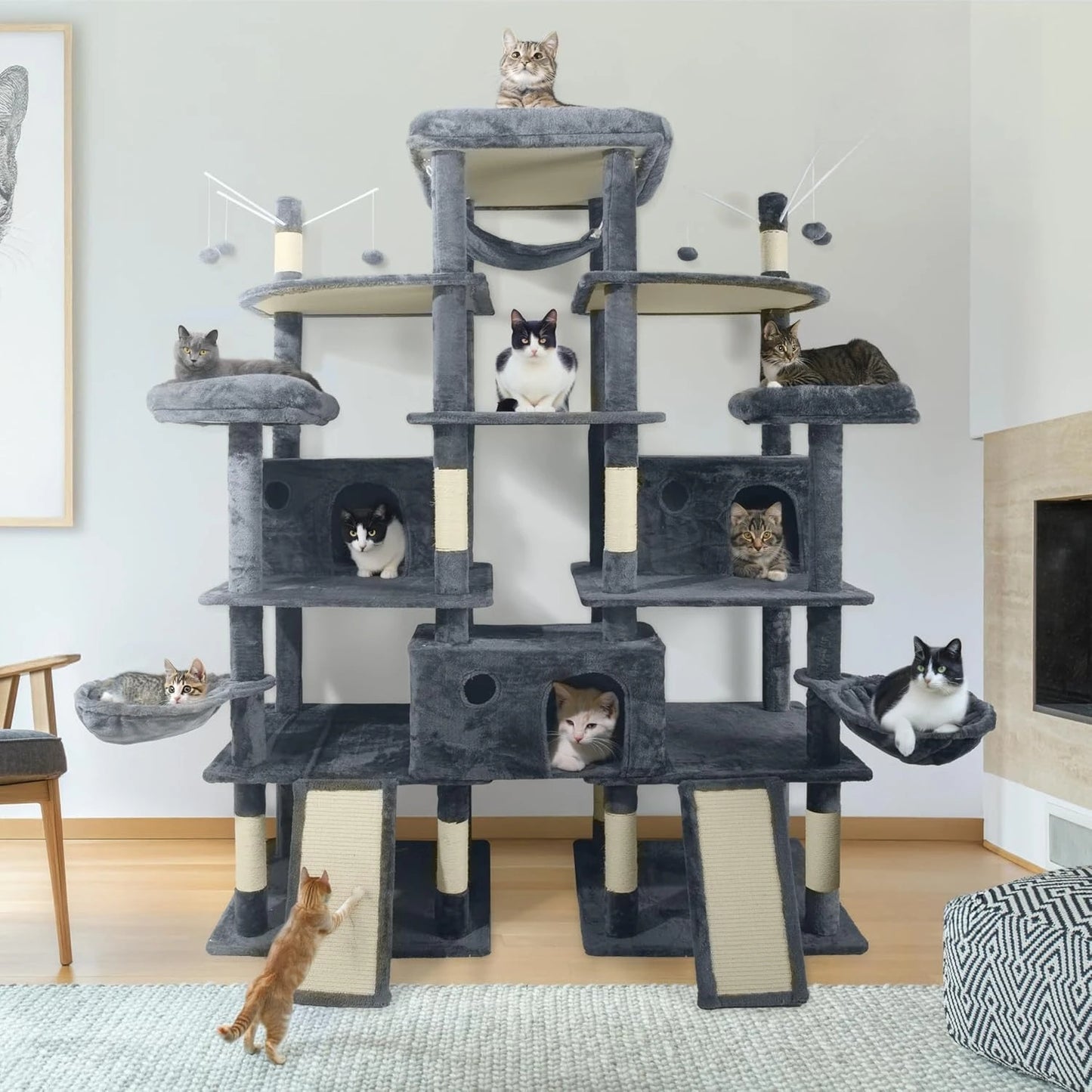 Extra Large 80-Inch Tall Cat Tree w/Widened Perch for Large Cats, Big Cat Tower Indoor, Modern Multi-Level Activity, Customized