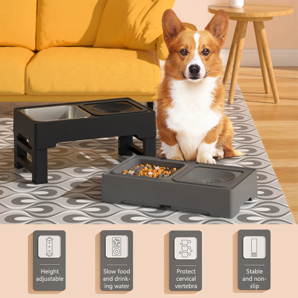 3 In 1 Pet Dog Stainless Steel Slow Feed Drinking Water Bowls Anti Knock Adjustable Height Cat Dog Bowl Large Pet Slow Food