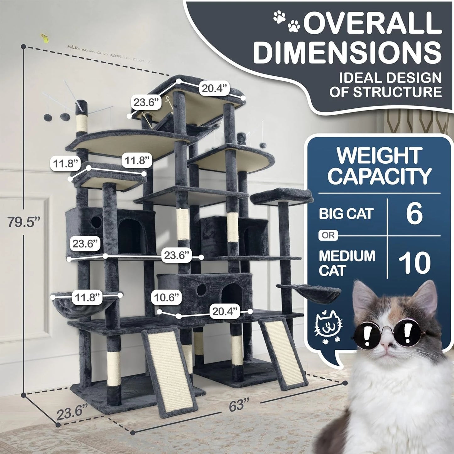 Extra Large 80-Inch Tall Cat Tree w/Widened Perch for Large Cats, Big Cat Tower Indoor, Modern Multi-Level Activity, Customized