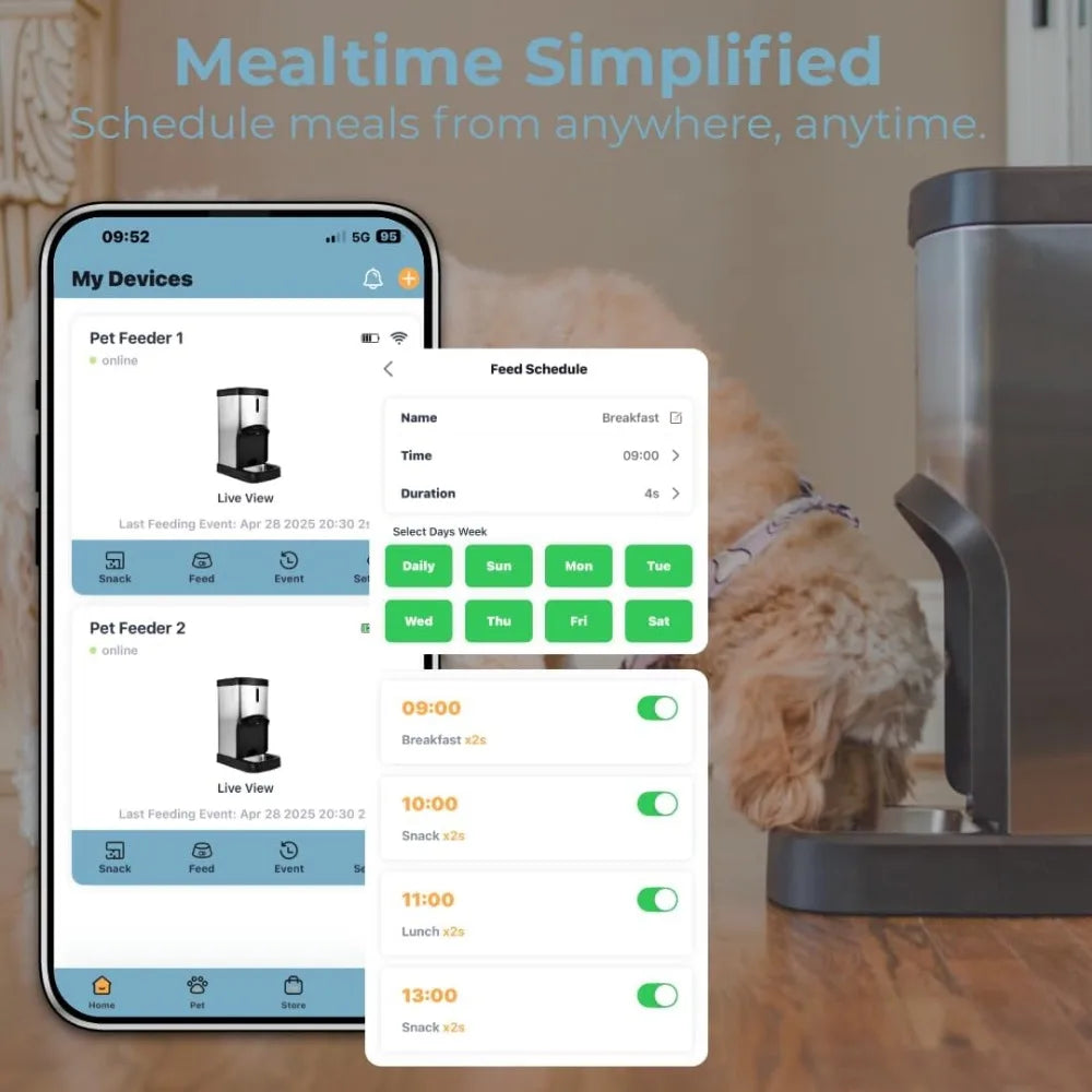 Large Capacity Automatic Dog and Cat Feeder – Stainless Steel Pet Food Dispenser with Wi-Fi App,Scheduled Feedings