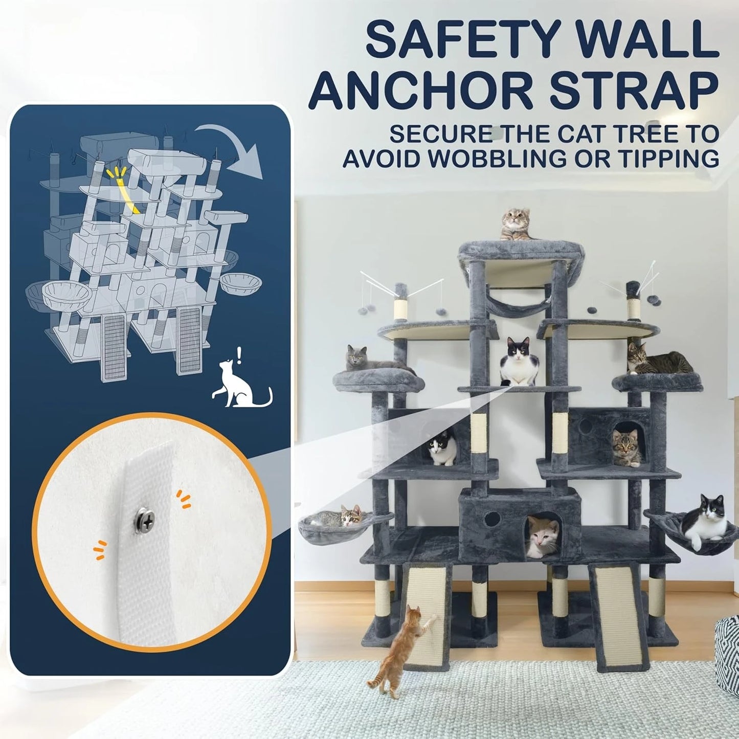 Extra Large 80-Inch Tall Cat Tree w/Widened Perch for Large Cats, Big Cat Tower Indoor, Modern Multi-Level Activity, Customized