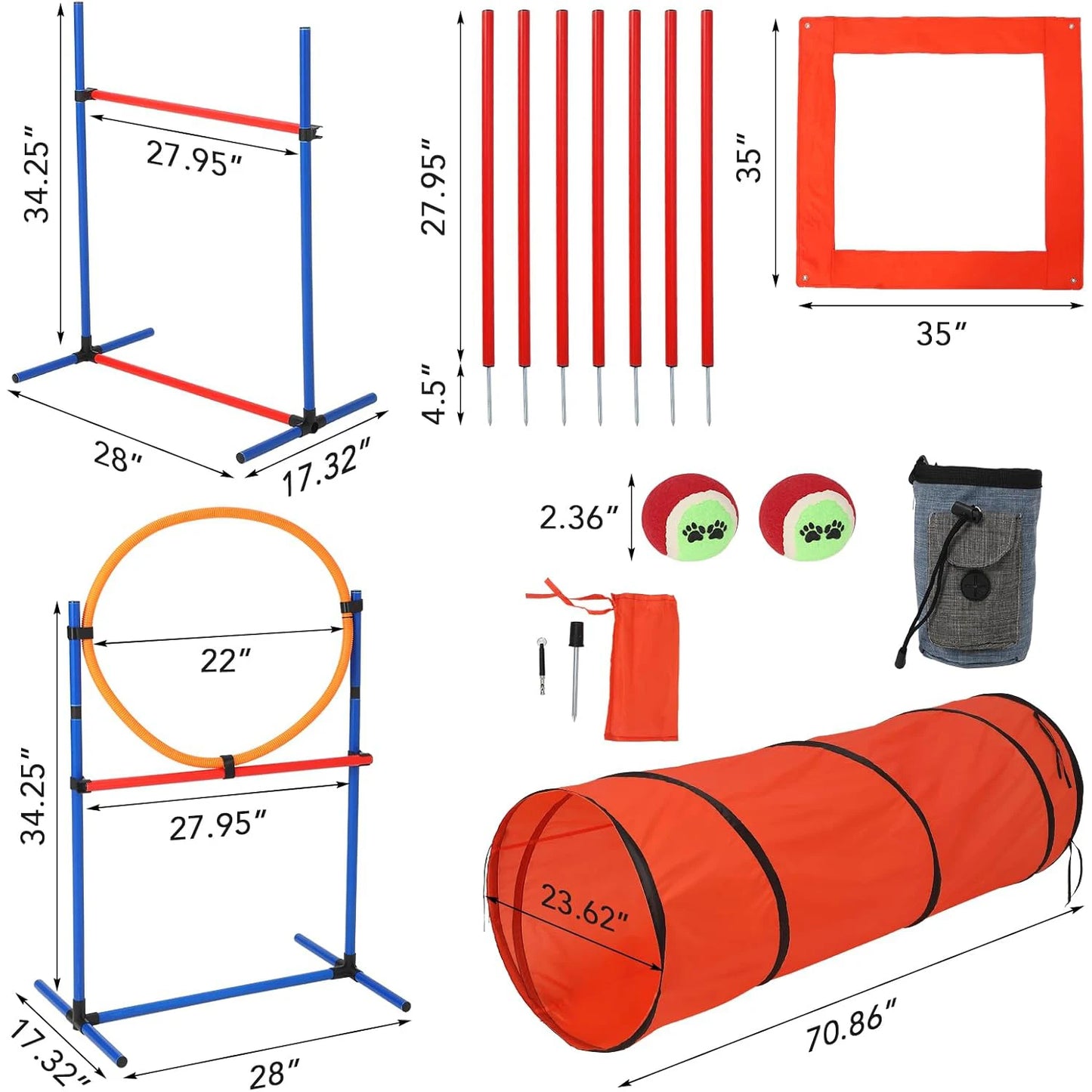 87 Pcs Dog Agile Training Equipment Set Obstacle Course Kit with 70" Tunnel Tire Jump Hurdle Jump Weave Poles for Outdoor Game