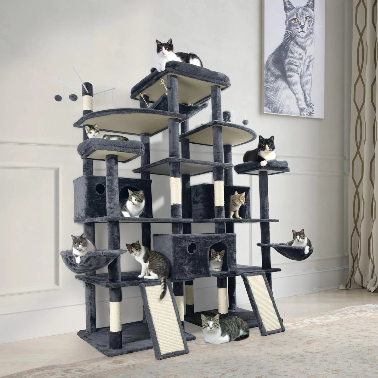 Extra Large 80-Inch Tall Cat Tree w/Widened Perch for Large Cats, Big Cat Tower Indoor, Modern Multi-Level Activity, Customized