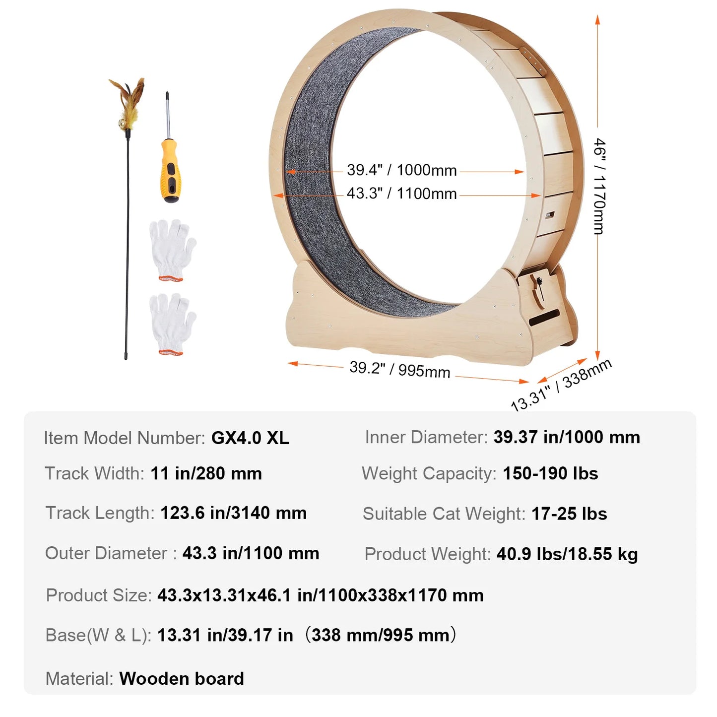 SucceBuy Wooden Cat Exercise Wheel Large Cat Treadmill Wheel for Indoor Cat Running Wheel with Detachable Carpet& Cat Teaser
