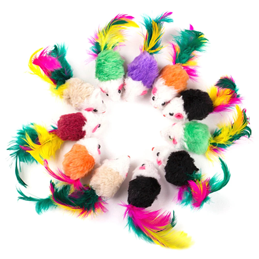 10 Pcs Plush Cat Mouse Toys Colorful Feather Mice Rattle Set Kitten Toys Pet Toys for Indoor Cats Kitten Puppy Pet Supplies
